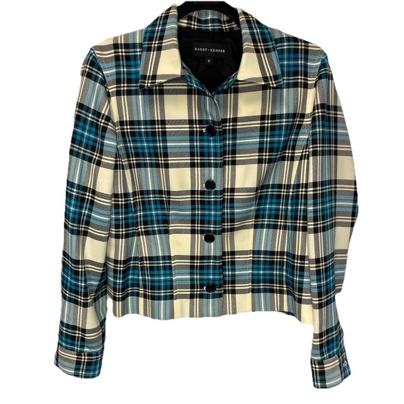 NWT $242 Randy Kelmper Blue &‎ White, Plaid, Button, Short, Jacket Blazer Sz 8 - Picture 1 of 10